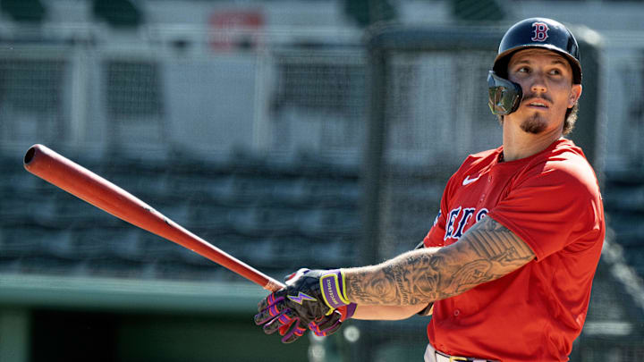Feb 17, 2025; Lee County, FL, USA;  Boston Red Sox Jarren Duran (16) watches a foul ball during spring training at Jet Blue Park at Fenway South. Photo Credit: Chris Tilley-Imagn Images 