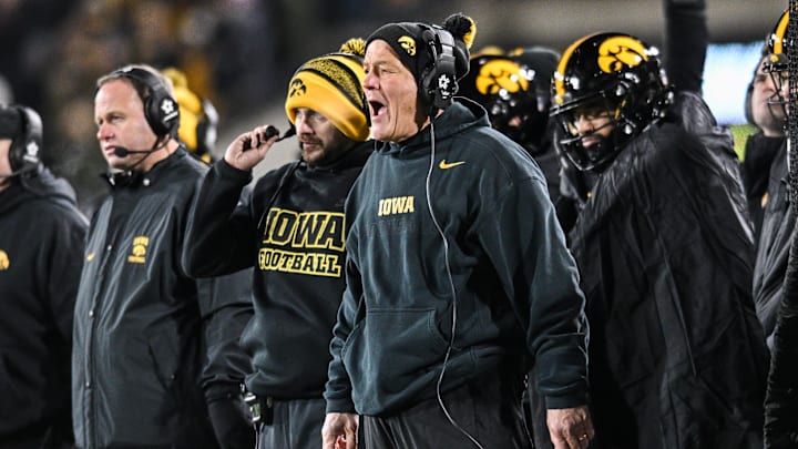 Nov 29, 2024; Iowa City, Iowa, USA; Iowa Hawkeyes head coach Kirk Ferentz reacts during the second quarter against the Nebraska Cornhuskers at Kinnick Stadium. Nov 29, 2024; Iowa City, Iowa, USA; Iowa Hawkeyes head coach Kirk Ferentz reacts during the second quarter against the Nebraska Cornhuskers at Kinnick Stadium.