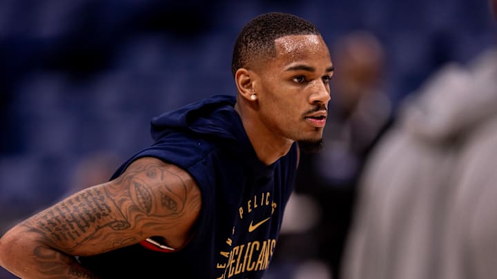 Oct 23, 2024; New Orleans, Louisiana, USA;  New Orleans Pelicans guard Dejounte Murray (5) during warmups before the game against the Chicago Bulls at Smoothie King Center.