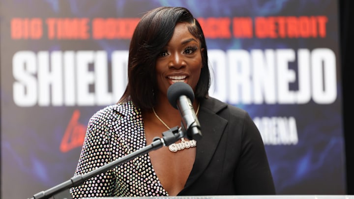 Claressa Shields speaks to media during the final press conference on May 31, 2023.