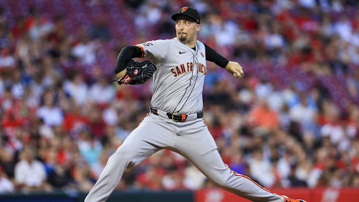 Aug 2, 2024; Cincinnati, Ohio, USA; San Francisco Giants starting pitcher Blake Snell (7) pitches against the Cincinnati Reds in the first inning at Great American Ball Park. Mandatory Credit: Katie Stratman-Imagn Images