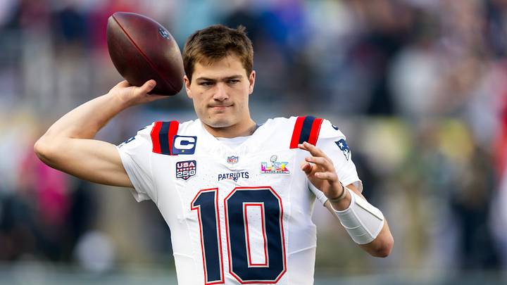 Feb 8, 2026; Santa Clara, CA, USA; New England Patriots quarterback Drake Maye (10) Mandatory Credit: Mark J. Rebilas-Imagn Images