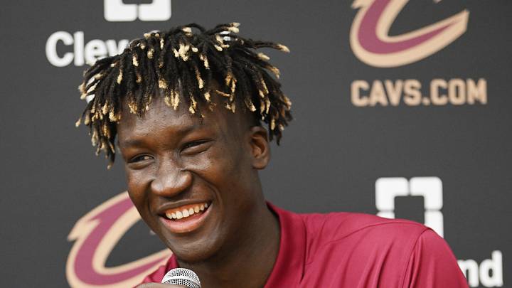 Jun 24, 2022; Independence, Ohio, USA; Cleveland Cavaliers second round draft pick Khalifa Diop talks to the media during a press conference introducing the first two draft picks of the Cavaliers at Cleveland Clinic Courts. Mandatory Credit: Ken Blaze-USA TODAY Sports Jun 24, 2022; Independence, Ohio, USA; Cleveland Cavaliers second round draft pick Khalifa Diop talks to the media during a press conference introducing the first two draft picks of the Cavaliers at Cleveland Clinic Courts. Mandatory Credit: Ken Blaze-USA TODAY Sports