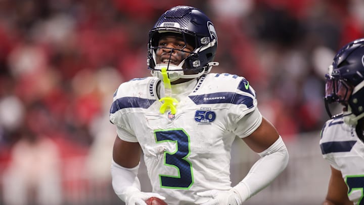 Dec 7, 2025; Atlanta, Georgia, USA; Seattle Seahawks safety Nick Emmanwori (3) celebrates after an interception against the Atlanta Falcons in the third quarter at Mercedes-Benz Stadium.