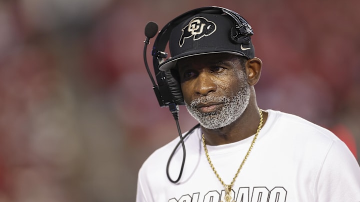 Sep 12, 2025; Houston, Texas, USA; Colorado Buffaloes head coach Deion Sanders looks on from the sideline during the first half against the Houston Cougars at TDECU Stadium. Mandatory Credit: Troy Taormina-Imagn Images