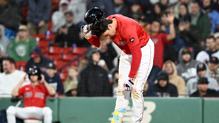 Sep 20, 2024; Boston, Massachusetts, USA; Boston Red Sox first baseman Triston Casas (36) reacts after striking out  during the 1th inning against the Minnesota Twins at Fenway Park. Mandatory Credit: Brian Fluharty-Imagn Images