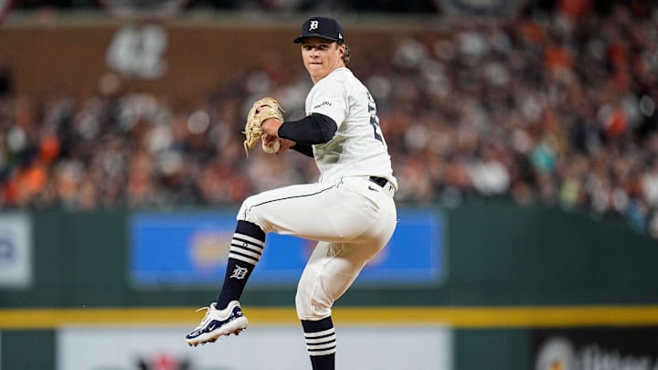 Detroit Tigers pitcher Jackson Jobe (21) throws against Cleveland Guardians during the eighth inning at Game 4 of ALDS at Comerica Park in Detroit on Thursday, Oct. 10, 2024.