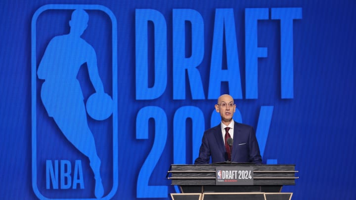 Jun 26, 2024; Brooklyn, NY, USA; NBA commissioner Adam Silver speaks before the first round of the 2024 NBA Draft at Barclays Center. Mandatory Credit: Brad Penner-USA TODAY Sports Jun 26, 2024; Brooklyn, NY, USA; NBA commissioner Adam Silver speaks before the first round of the 2024 NBA Draft at Barclays Center. Mandatory Credit: Brad Penner-USA TODAY Sports