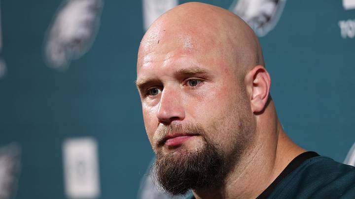 Philadelphia Eagles offensive tackle Lane Johnson (65) speaks with the media at Jefferson Health Training Complex.