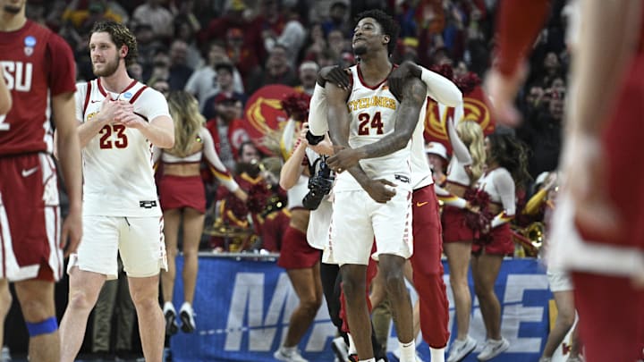 Mar 23, 2024; Omaha, NE, USA; Iowa State Cyclones forward Hason Ward (24) reacts after the second half against the Washington State Cougars in the second round of the 2024 NCAA Tournament at CHI Health Center Omaha. Mandatory Credit: Steven Branscombe-Imagn Images