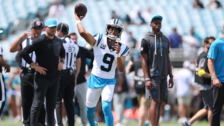Sep 7, 2025; Jacksonville, Florida, USA;  Carolina Panthers quarterback Bryce Young (9) warms up prior to a game against the Jacksonville Jaguars at EverBank Stadium. Mandatory Credit: Morgan Tencza-Imagn Images