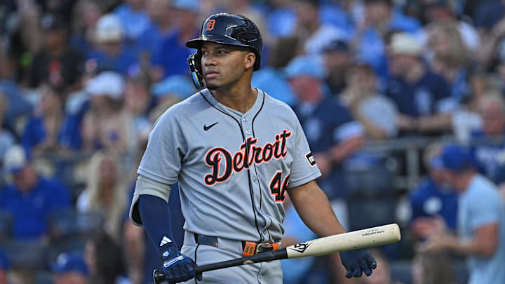 Aug 29, 2025; Kansas City, Missouri, USA;  Detroit Tigers center fielder Wenceel Perez (46) reacts after striking out with the bases loaded to end the first inning against the Kansas City Royals at Kauffman Stadium. Mandatory Credit: Peter Aiken-Imagn Images