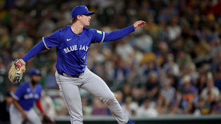 Jul 12, 2025; West Sacramento, California, USA; Toronto Blue Jays pitcher Justin Bruihl (58) follows through after a pitch against the Athletics during the seventh inning at Sutter Health Park. Mandatory Credit: Dennis Lee-Imagn Images Jul 12, 2025; West Sacramento, California, USA; Toronto Blue Jays pitcher Justin Bruihl (58) follows through after a pitch against the Athletics during the seventh inning at Sutter Health Park. Mandatory Credit: Dennis Lee-Imagn Images