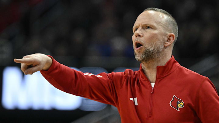 Jan 6, 2026; Louisville, Kentucky, USA;  Louisville Cardinals head coach Pat Kelsey reacts during the first half against the Duke Blue Devils at KFC Yum! Center. Duke defeated Louisville 84-73. Mandatory Credit: Jamie Rhodes-Imagn Images