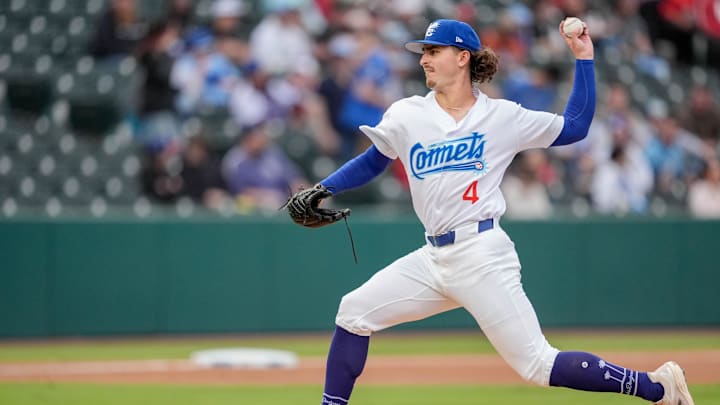 Oklahoma City pitcher Justin Wrobleski (4) pitches during the home opener Minor League baseball game between the Oklahoma City Comets and the El Paso Chihuahuas at Chickasaw Bricktown Ballpark in Oklahoma City on Tuesday, April 1, 2025.