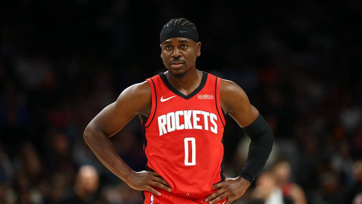 Apr 7, 2026; Phoenix, Arizona, USA; Houston Rockets guard Aaron Holiday (0) against the Phoenix Suns at Mortgage Matchup Center. Mandatory Credit: Mark J. Rebilas-Imagn Images