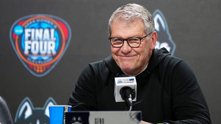 Apr 4, 2024; Cleveland, OH, USA; UConn Huskies coach Geno Auriemma during press conference at Rocket Mortgage FieldHouse. Mandatory Credit: Kirby Lee-Imagn Images