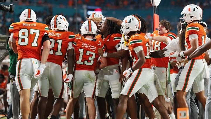 Sep 10, 2026; Miami Gardens, Florida, USA;  Miami Hurricanes wide receiver Vance Spafford (13) celebrates after scoring a touchdown in the third quarter against the Florida A&M Rattlers at Hard Rock Stadium.  Mandatory Credit: Sam Navarro-Imagn Images