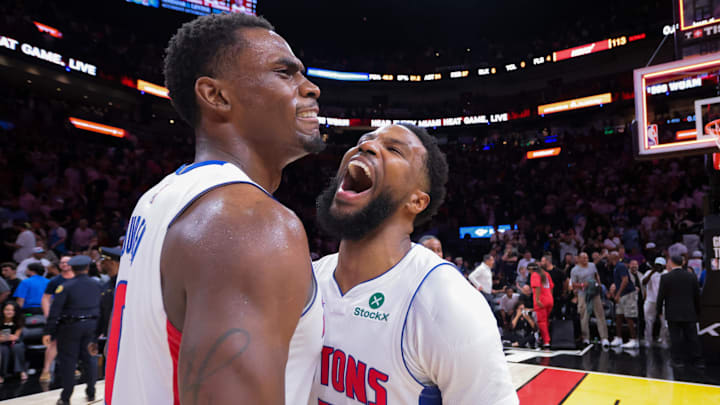 Mar 19, 2025; Miami, Florida, USA; Detroit Pistons guard Malik Beasley (5) celebrates with center Jalen Duren (0) after the game against the Miami Heat at Kaseya Center. Mandatory Credit: Sam Navarro-Imagn Images