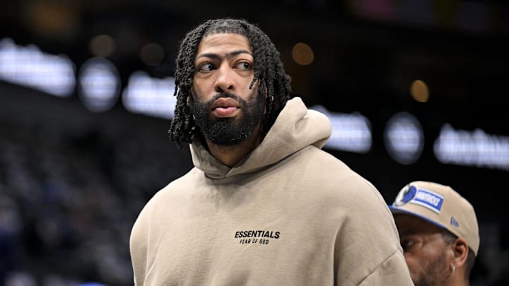 Mar 21, 2025; Dallas, Texas, USA; Dallas Mavericks forward Anthony Davis (3) watches team warm ups before the game between the Dallas Mavericks and the Detroit Pistons at the American Airlines Center. Mandatory Credit: Jerome Miron-Imagn Images Mar 21, 2025; Dallas, Texas, USA; Dallas Mavericks forward Anthony Davis (3) watches team warm ups before the game between the Dallas Mavericks and the Detroit Pistons at the American Airlines Center. Mandatory Credit: Jerome Miron-Imagn Images