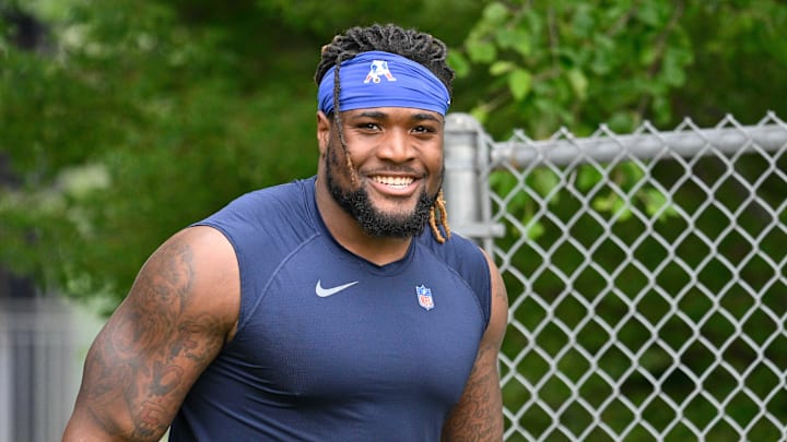 Jun 9, 2025; Foxborough, MA, USA; New England Patriots defensive tackle Isaiah Iton (68) walks to the practice fields at Gillette Stadium. Mandatory Credit: Eric Canha-Imagn Images