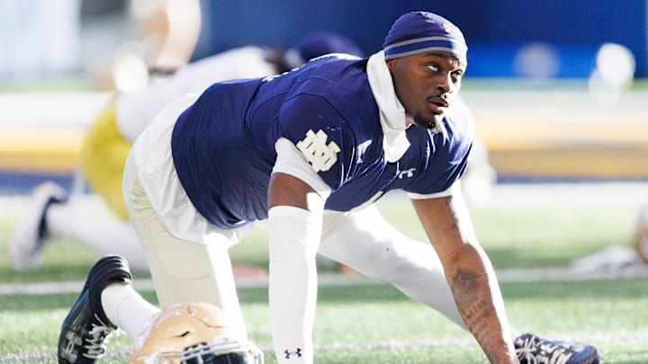 Notre Dame running back Jeremiyah Love during a Notre Dame football spring practice at Irish Athletic Center on Wednesday, March 26, 2025, in South Bend.