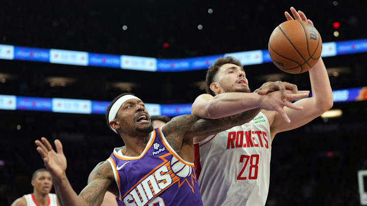 Mar 2, 2024; Phoenix, Arizona, USA; Phoenix Suns guard Bradley Beal (3) and Houston Rockets center Alperen Sengun (28) battle for a loose ball during the second half at Footprint Center. Mandatory Credit: Joe Camporeale-Imagn Images Mar 2, 2024; Phoenix, Arizona, USA; Phoenix Suns guard Bradley Beal (3) and Houston Rockets center Alperen Sengun (28) battle for a loose ball during the second half at Footprint Center. Mandatory Credit: Joe Camporeale-Imagn Images