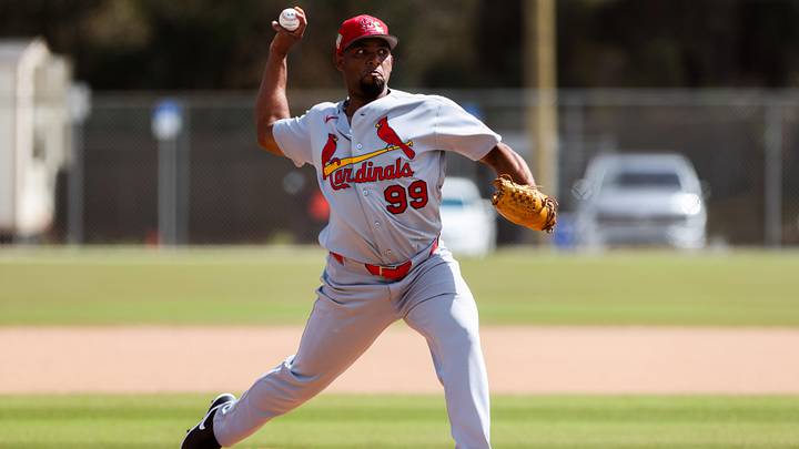 Feb 14, 2026; Jupiter, FL, USA; St. Louis Cardinals pitcher Gerson Moreno (99) delivers a pitch during a spring training workout at Roger Dean Chevrolet Stadium. Mandatory Credit: Sam Navarro-Imagn Images Feb 14, 2026; Jupiter, FL, USA; St. Louis Cardinals pitcher Gerson Moreno (99) delivers a pitch during a spring training workout at Roger Dean Chevrolet Stadium. Mandatory Credit: Sam Navarro-Imagn Images