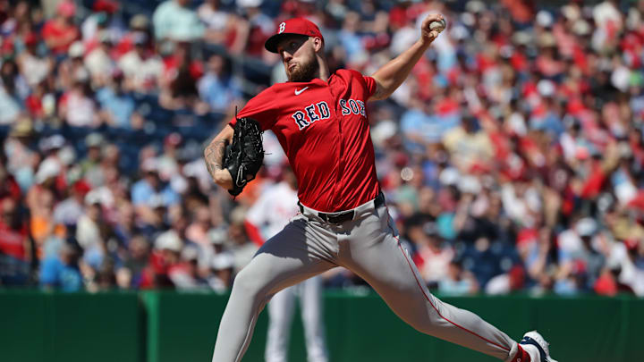 Feb 28, 2025; Clearwater, Florida, USA;  Boston Red Sox starting pitcher Garrett Crochet (35) throws a pitch during the first inning against the Philadelphia Phillies at BayCare Ballpark. Mandatory Credit: Kim Klement Neitzel-Imagn Images