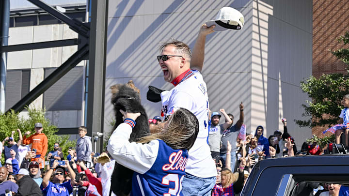 Nov 3, 2023; Arlington, TX, USA;  Texas Rangers first baseman Nathaniel Lowe (30) during the World Series championship parade at Globe Life Field. Mandatory Credit: Jerome Miron-Imagn Images