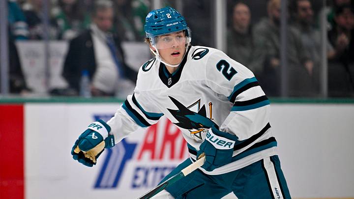 Oct 5, 2026; Dallas, Texas, USA; San Jose Sharks center Will Smith (2) skates against the Dallas Stars during the game at the American Airlines Center. Mandatory Credit: Jerome Miron-Imagn Images