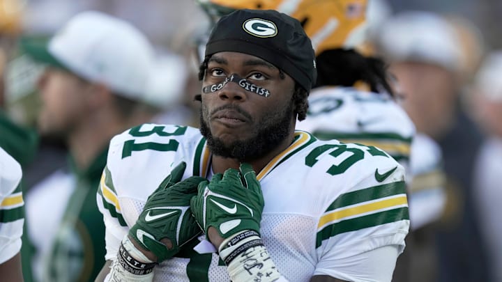 Green Bay Packers running back Emanuel Wilson (31) is shown during the fourth quarter of their preseason game Saturday, August 23, 2025 at Lambeau Field in Green Bay, Wisconsin. The Green Bay Packers beat the Seattle Seahawks 20-7.