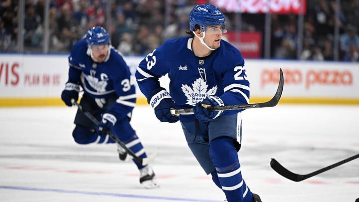 Sep 19, 2026; Toronto, Ontario, CAN;  Toronto Maple Leafs forward Matthew Knies (23) looks for a pass as he leads forward Auston Matthews (34) up ice against the Montreal Canadiens in the third period at Scotiabank Arena.  Mandatory Credit: Dan Hamilton-Imagn Images