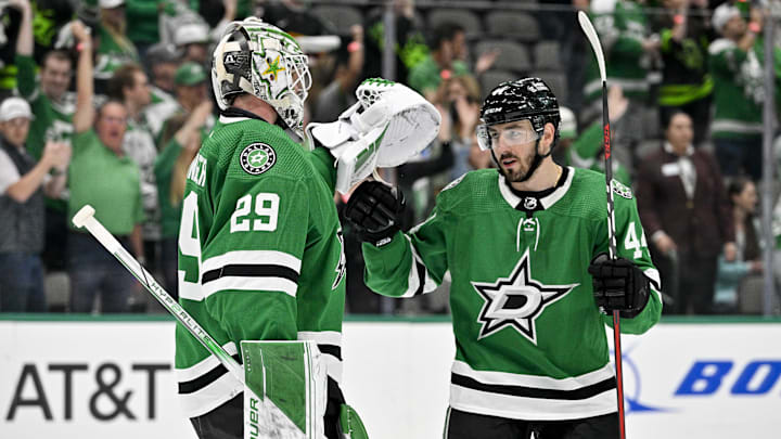 May 11, 2023; Dallas, Texas, USA; Dallas Stars goaltender Jake Oettinger (29) and defenseman Joel