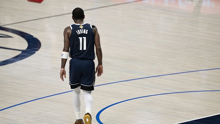 Jun 12, 2024; Dallas, Texas, USA; Dallas Mavericks guard Kyrie Irving (11) during the game between the Dallas Mavericks and the Boston Celtics in game three of the 2024 NBA Finals at American Airlines Center. Mandatory Credit: Jerome Miron-USA TODAY Sports