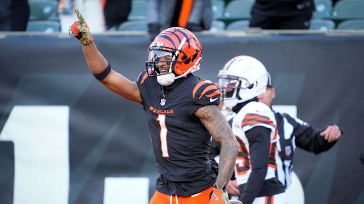Cincinnati Bengals wide receiver Ja'Marr Chase (1) celebrates a touchdown reception in the fourth quarter of the NFL Week 16 game between the Cincinnati Bengals and the Cleveland Browns at Paycor Stadium in downtown Cincinnati on Sunday, Dec. 22, 2024. The Bengals won 24-16.