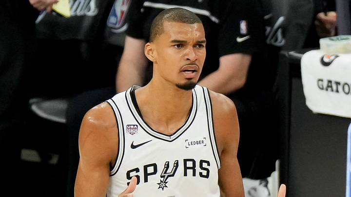 Jun 13, 2026; San Antonio, Texas, USA; San Antonio Spurs forward Victor Wembanyama (1) reacts to a play against the San Antonio Spurs in the first half during game five of the 2026 NBA Finals at Frost Bank Center. Mandatory Credit: Scott Wachter-Imagn Images