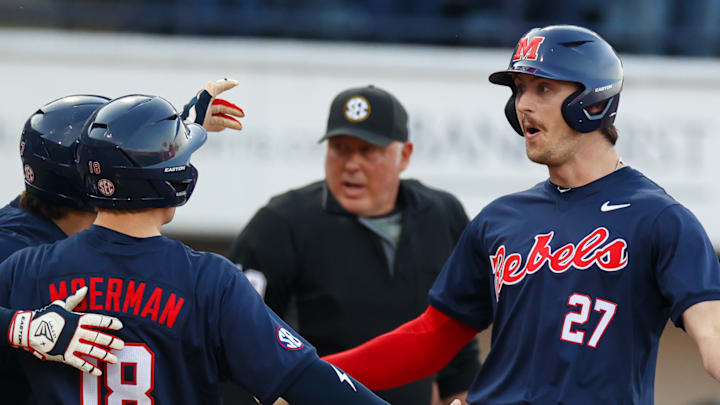 Judd Utermark celebrates hitting a home run during Ole Miss baseball's win over Wright State at Swayze Field on Feb. 28, 2025. Judd Utermark celebrates hitting a home run during Ole Miss baseball's win over Wright State at Swayze Field on Feb. 28, 2025.
