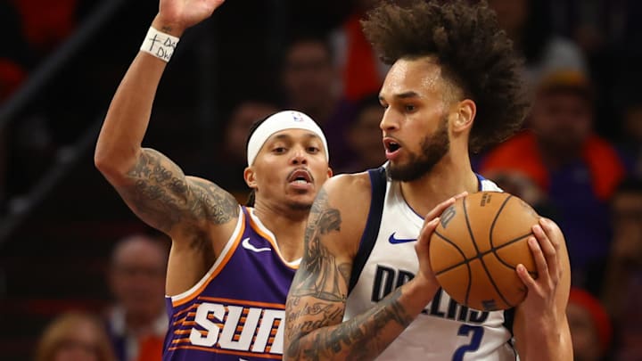Oct 26, 2024; Phoenix, Arizona, USA; Dallas Mavericks center Dereck Lively II (2) against Phoenix Suns guard Damion Lee (10) at Footprint Center. Mandatory Credit: Mark J. Rebilas-Imagn Images Oct 26, 2024; Phoenix, Arizona, USA; Dallas Mavericks center Dereck Lively II (2) against Phoenix Suns guard Damion Lee (10) at Footprint Center. Mandatory Credit: Mark J. Rebilas-Imagn Images