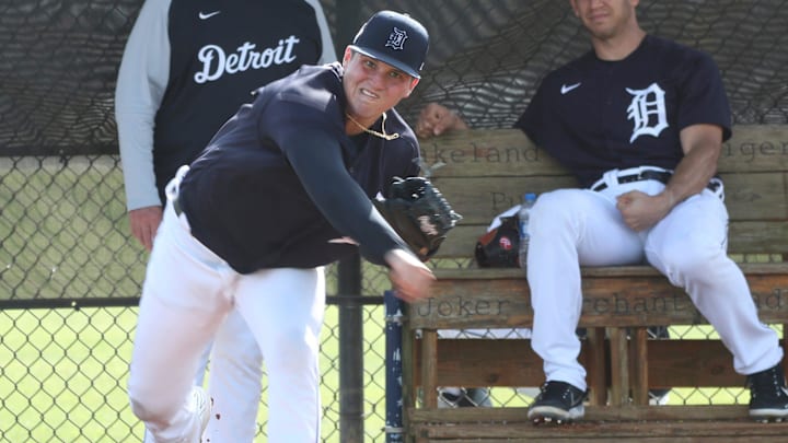 Tigers pitcher Ty Madden warms up before live batting practice during Detroit Tigers spring training