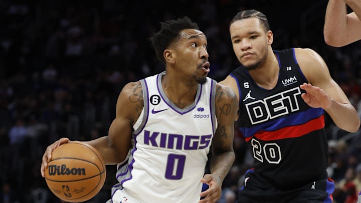 Dec 16, 2022; Detroit, Michigan, USA; Sacramento Kings guard Malik Monk (0) dribbles defended by Detroit Pistons forward Kevin Knox II (20) in the first half at Little Caesars Arena. Mandatory Credit: Rick Osentoski-Imagn Images Dec 16, 2022; Detroit, Michigan, USA; Sacramento Kings guard Malik Monk (0) dribbles defended by Detroit Pistons forward Kevin Knox II (20) in the first half at Little Caesars Arena. Mandatory Credit: Rick Osentoski-Imagn Images