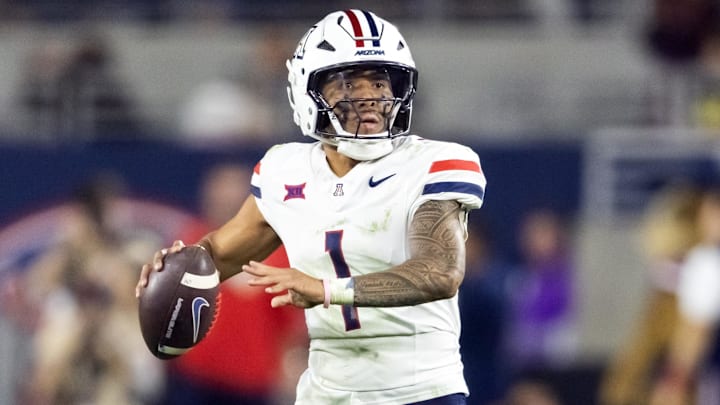 Nov 28, 2025; Tempe, Arizona, USA; Arizona Wildcats quarterback Noah Fifita (1) against the Arizona State Sun Devils during the 99th Territorial Cup at Mountain America Stadium. Mandatory Credit: Mark J. Rebilas-Imagn Images