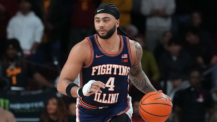Feb 18, 2026; Los Angeles, California, USA; Illinois Fighting Illini guard Kylan Boswell (4) dribbles the ball against the Southern California Trojans in the first half. Feb 18, 2026; Los Angeles, California, USA; Illinois Fighting Illini guard Kylan Boswell (4) dribbles the ball against the Southern California Trojans in the first half.