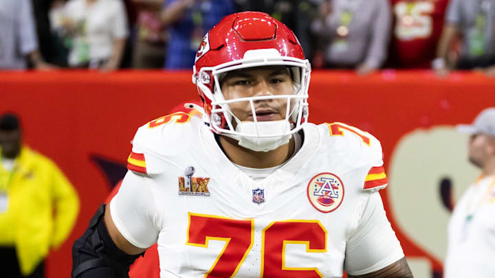 Feb 9, 2025; New Orleans, LA, USA;  Kansas City Chiefs offensive lineman Kingsley Suamataia (76) against the Philadelphia Eagles in Super Bowl LIX at Ceasars Superdome. Mandatory Credit: Mark J. Rebilas-Imagn Images