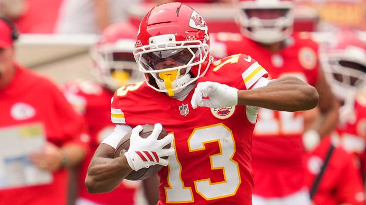 Aug 15, 2026; Kansas City, Missouri, USA; Kansas City Chiefs wide receiver Cyrus Allen (13) runs with the ball during the first half against the Los Angeles Rams at Arrowhead Stadium. Mandatory Credit: Jay Biggerstaff-Imagn Images