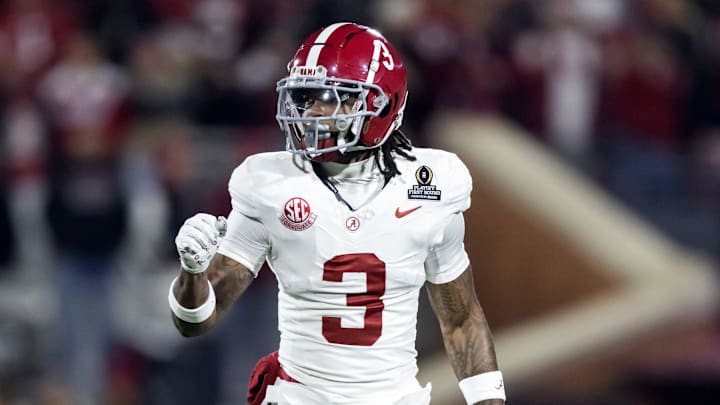 Dec 19, 2025; Norman, OK, USA; Alabama Crimson Tide defensive back Keon Sabb (3) against the Oklahoma Sooners during the CFP National Playoff First Round at Gaylord Family Oklahoma Memorial Stadium. Mandatory Credit: Mark J. Rebilas-Imagn Images