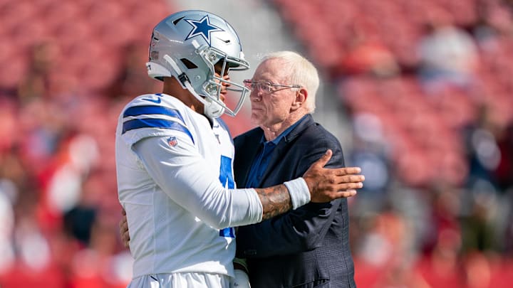 Dallas Cowboys quarterback Dak Prescott and owner Jerry Jones before the game against the San Francisco 49ers. Dallas Cowboys quarterback Dak Prescott and owner Jerry Jones before the game against the San Francisco 49ers.