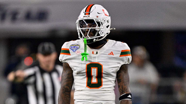 Dec 31, 2025; Arlington, TX, USA; Miami Hurricanes defensive back Keionte Scott (0) looks on during the 2025 Cotton Bowl and quarterfinal game of the College Football Playoff at AT&T Stadium. Mandatory Credit: Jerome Miron-Imagn Images