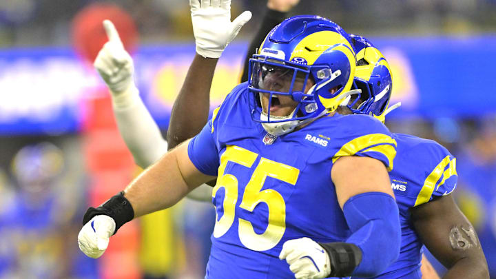 Dec 28, 2024; Inglewood, California, USA;   Los Angeles Rams defensive tackle Braden Fiske (55) celerates after a sack of Arizona Cardinals quarterback Kyler Murray (1) in the first half at SoFi Stadium. Mandatory Credit: Jayne Kamin-Oncea-Imagn Images