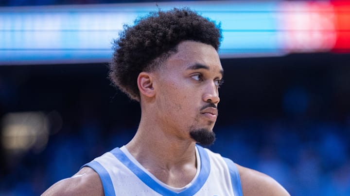 Mar 3, 2026; Chapel Hill, North Carolina, USA; North Carolina Tar Heels guard Seth Trimble (7) looks on during the second half against the Clemson Tigers at Dean E. Smith Center. Mandatory Credit: Scott Kinser-Imagn Images